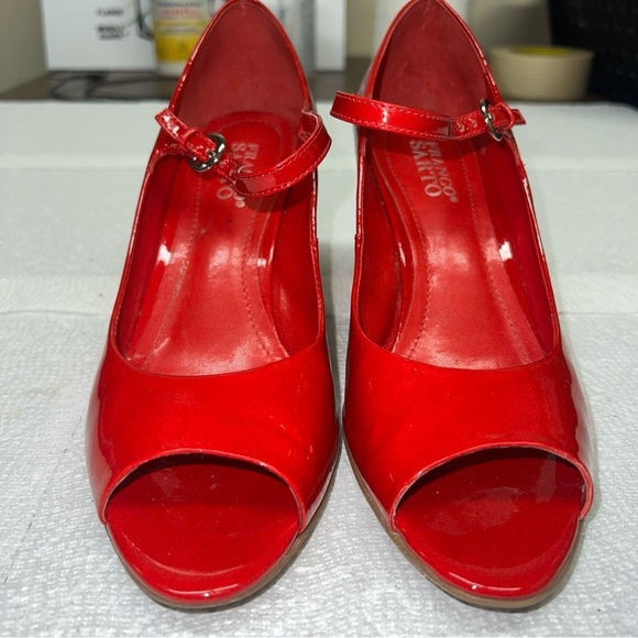 Franco Sarto Womens 8 1/2M Pumps Red Patent Leather Cork Wedge Peep Toe - Picture 3 of 11